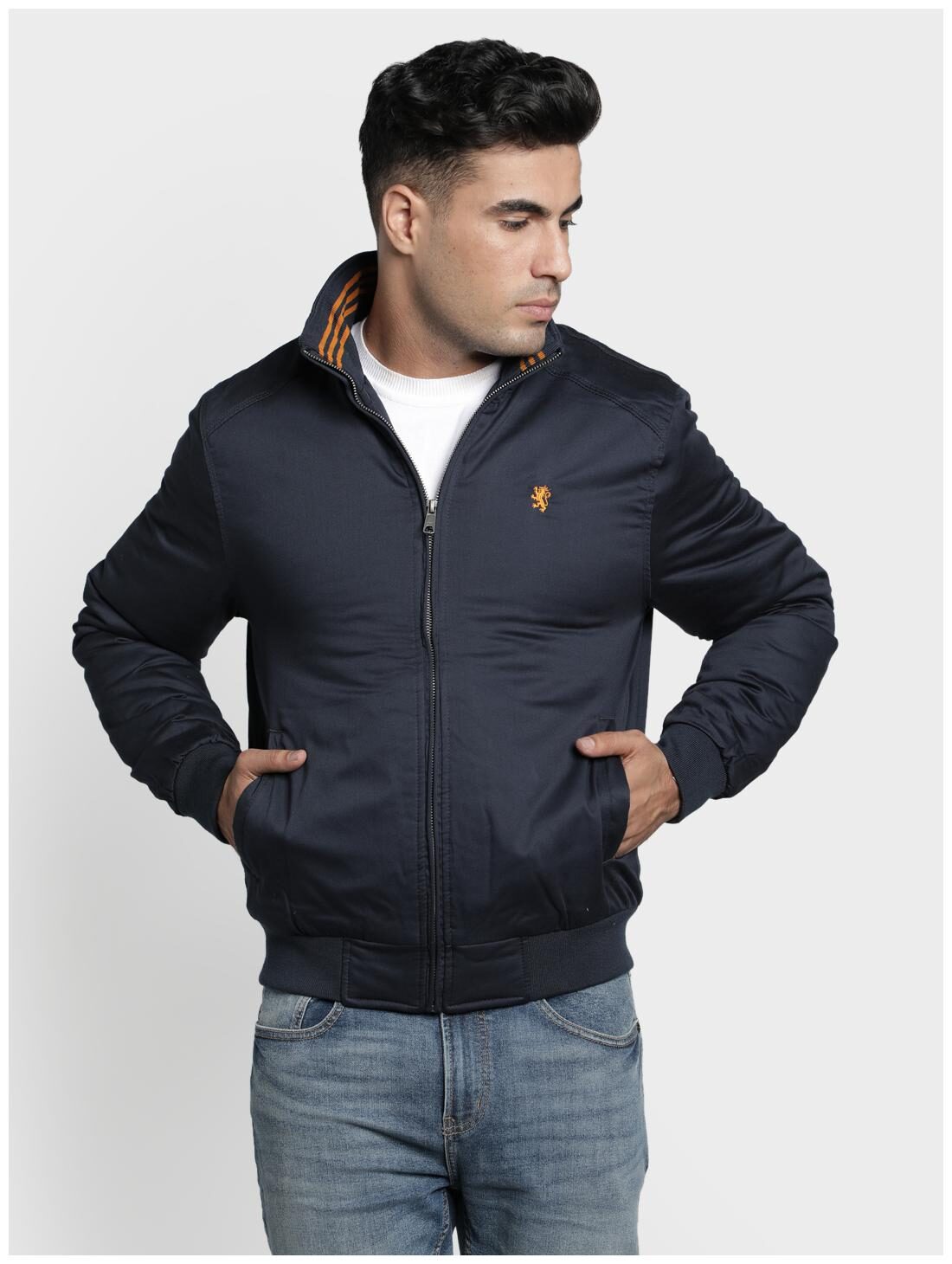 

Red Tape Men Navy blue Solid Bomber jacket