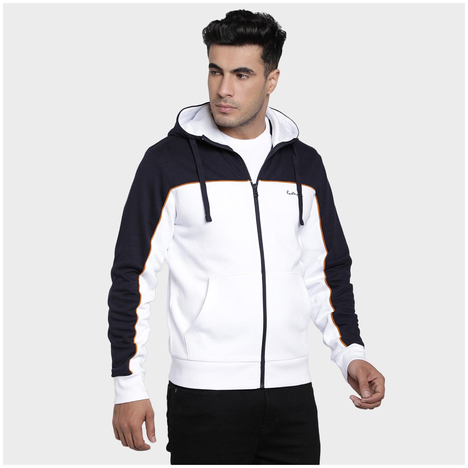 

Red Tape Men Cotton Blend Colourblocked Navy Blue Hoodie