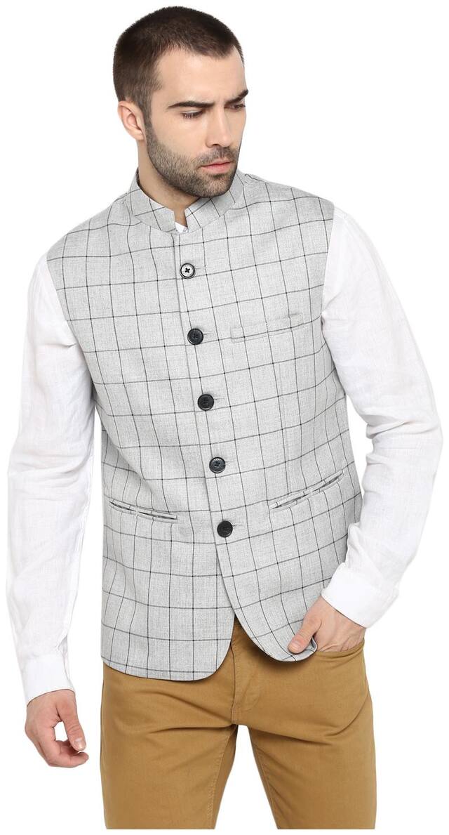 Red Tape Men Grey Checked Regular Fit Ethnic Jacket