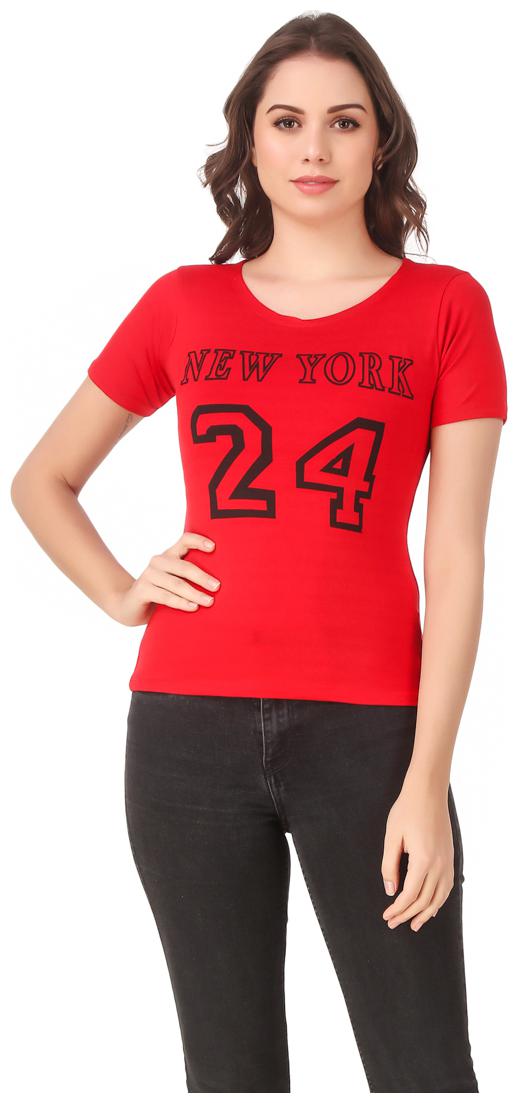 

Red Vee Lycra Printed Half Sleeves Red Color T-Shirt for Women