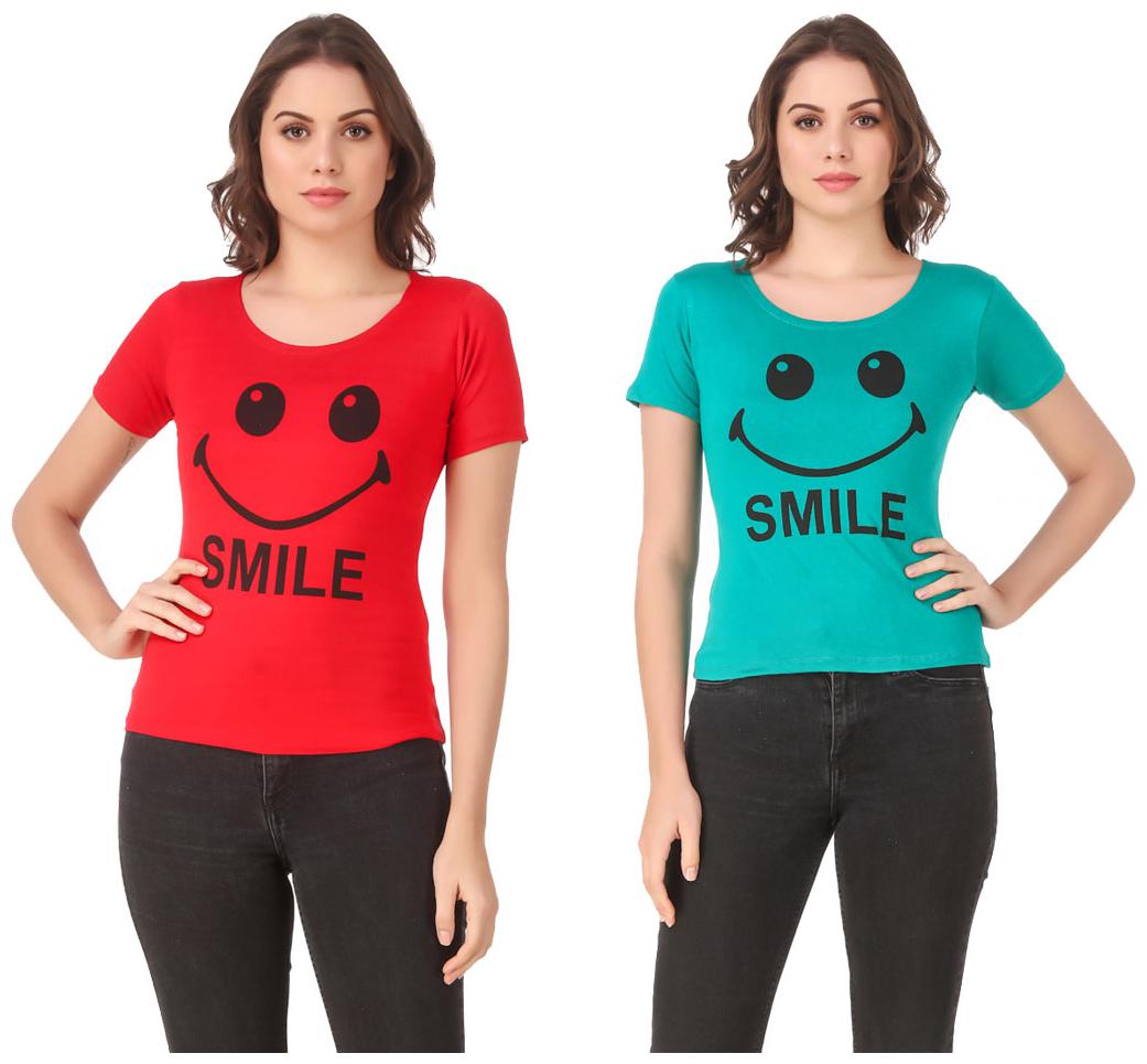 

Red Vee Lycra Printed Half Sleeves Red Turquoise Color T-Shirt for Women