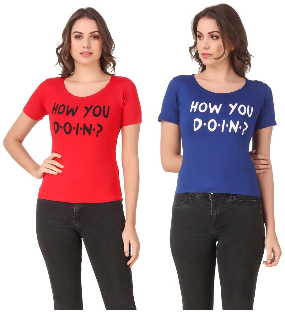 

Red Vee Lycra Printed Half Sleeves Red Blue Color T-Shirt for Women