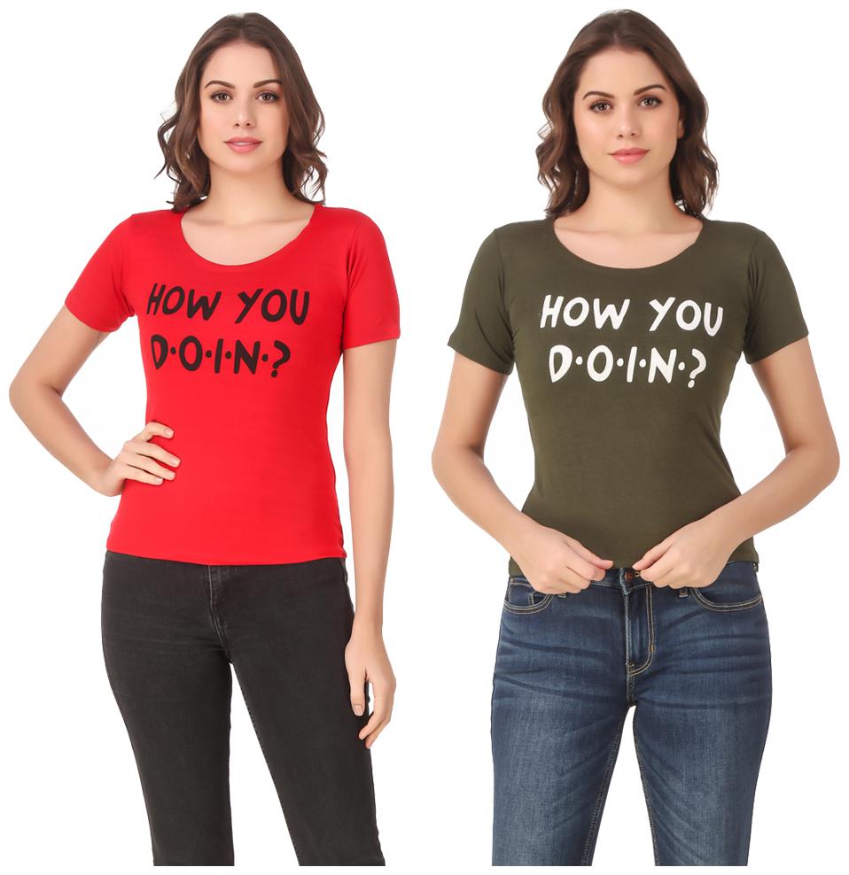 

Red Vee Lycra Printed Half Sleeves Red Green Color T-Shirt for Women