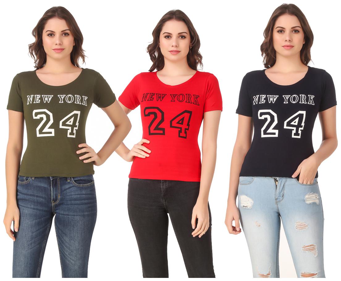 

Red Vee Lycra Printed Half Sleeves Multi Color T-Shirt for Women