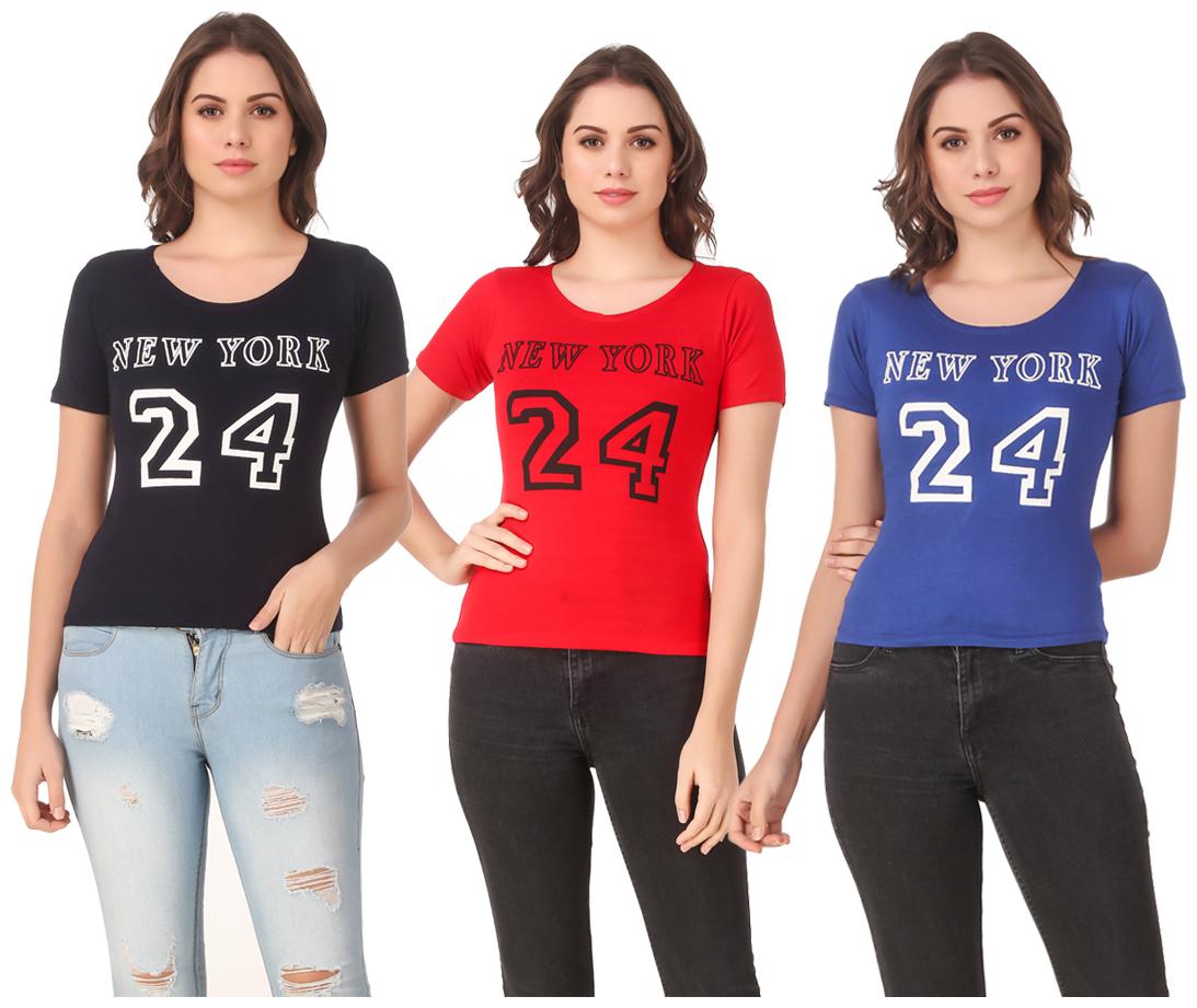 

Red Vee Lycra Printed Half Sleeves Multi Color T-Shirt for Women