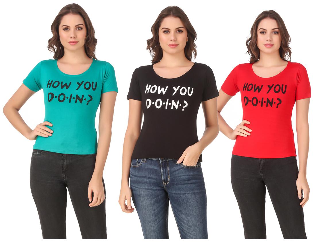 

Red Vee Lycra Printed Half Sleeves Multi Color T-Shirt for Women