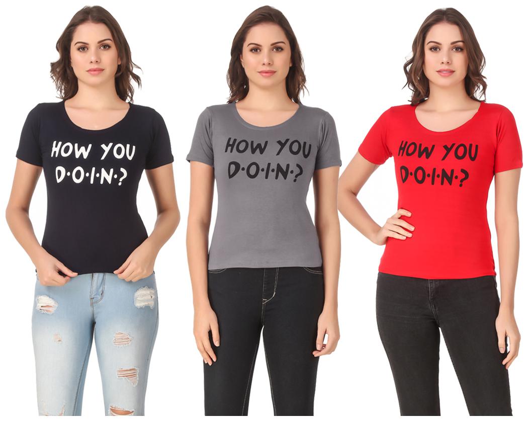 

Red Vee Lycra Printed Half Sleeves Multi Color T-Shirt for Women