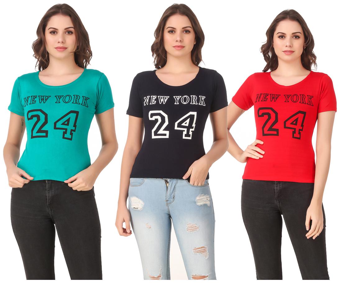 

Red Vee Lycra Printed Half Sleeves Multi Color T-Shirt for Women