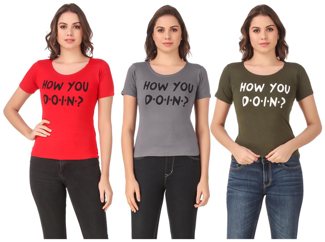 

Red Vee Lycra Printed Half Sleeves Multi Color T-Shirt for Women