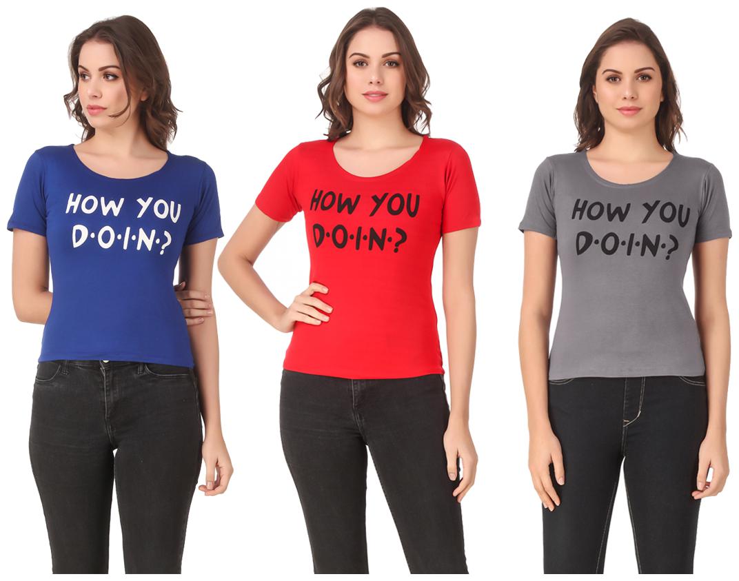 

Red Vee Lycra Printed Half Sleeves Multi Color T-Shirt for Women