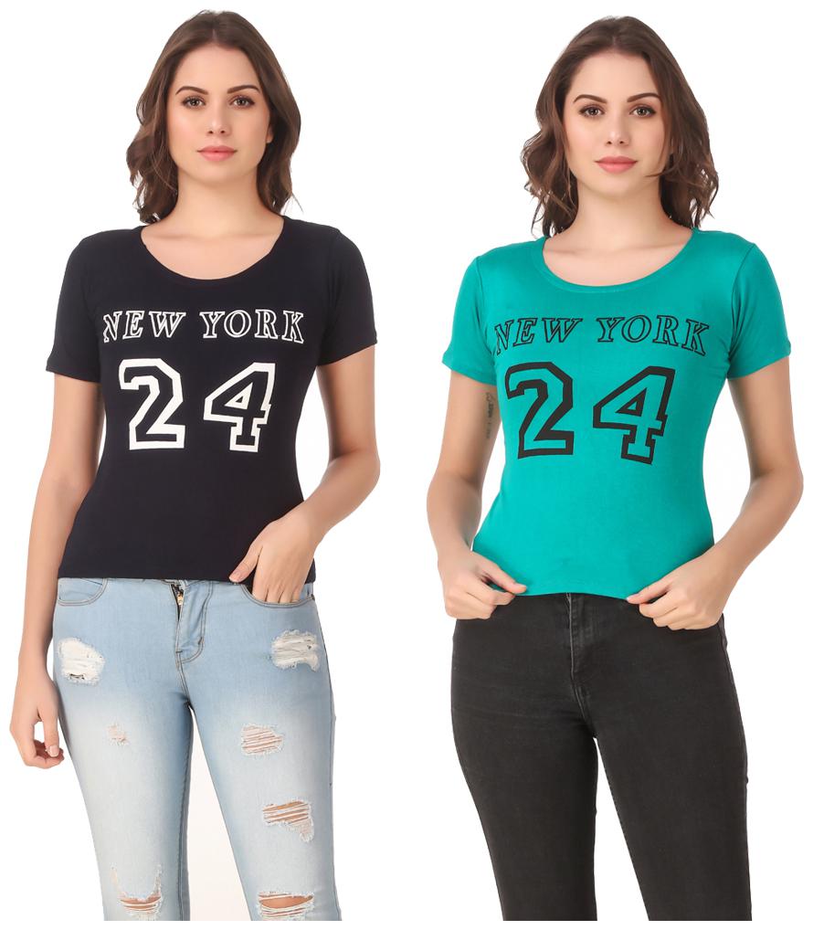 

Red Vee Lycra Printed Half Sleeves Navy Turquoise Color T-Shirt for Women