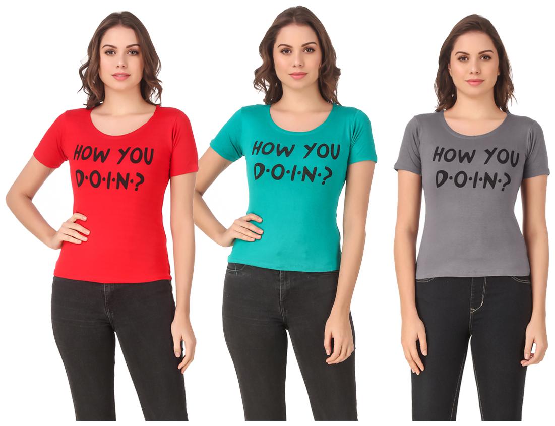 

Red Vee Lycra Printed Half Sleeves Multi Color T-Shirt for Women