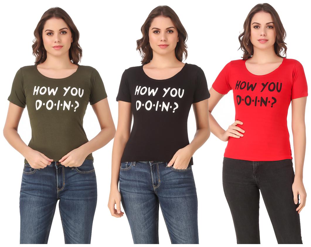 

Red Vee Lycra Printed Half Sleeves Multi Color T-Shirt for Women