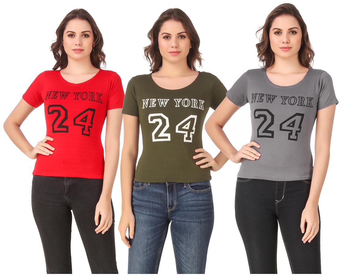 

Red Vee Lycra Printed Half Sleeves Multi Color T-Shirt for Women