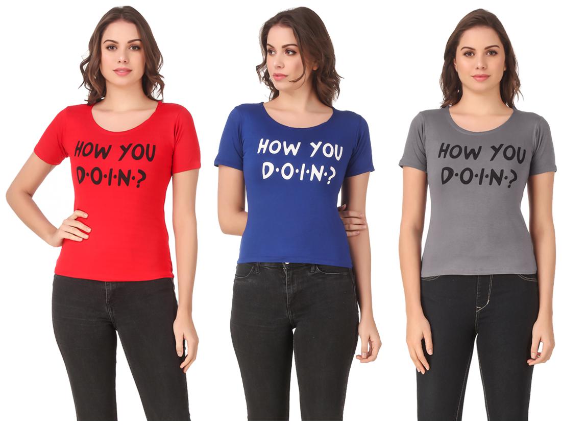 

Red Vee Lycra Printed Half Sleeves Multi Color T-Shirt for Women