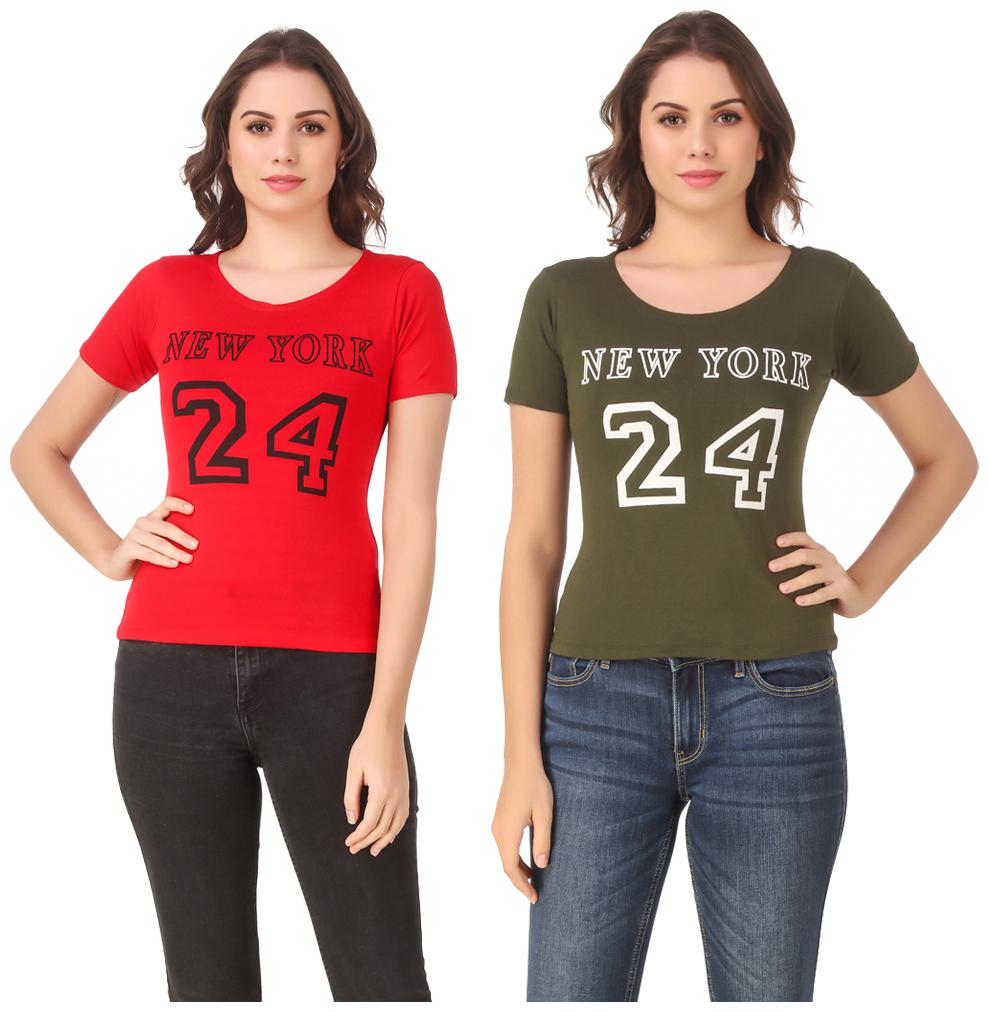 

Red Vee Lycra Printed Half Sleeves Red Green Color T-Shirt for Women