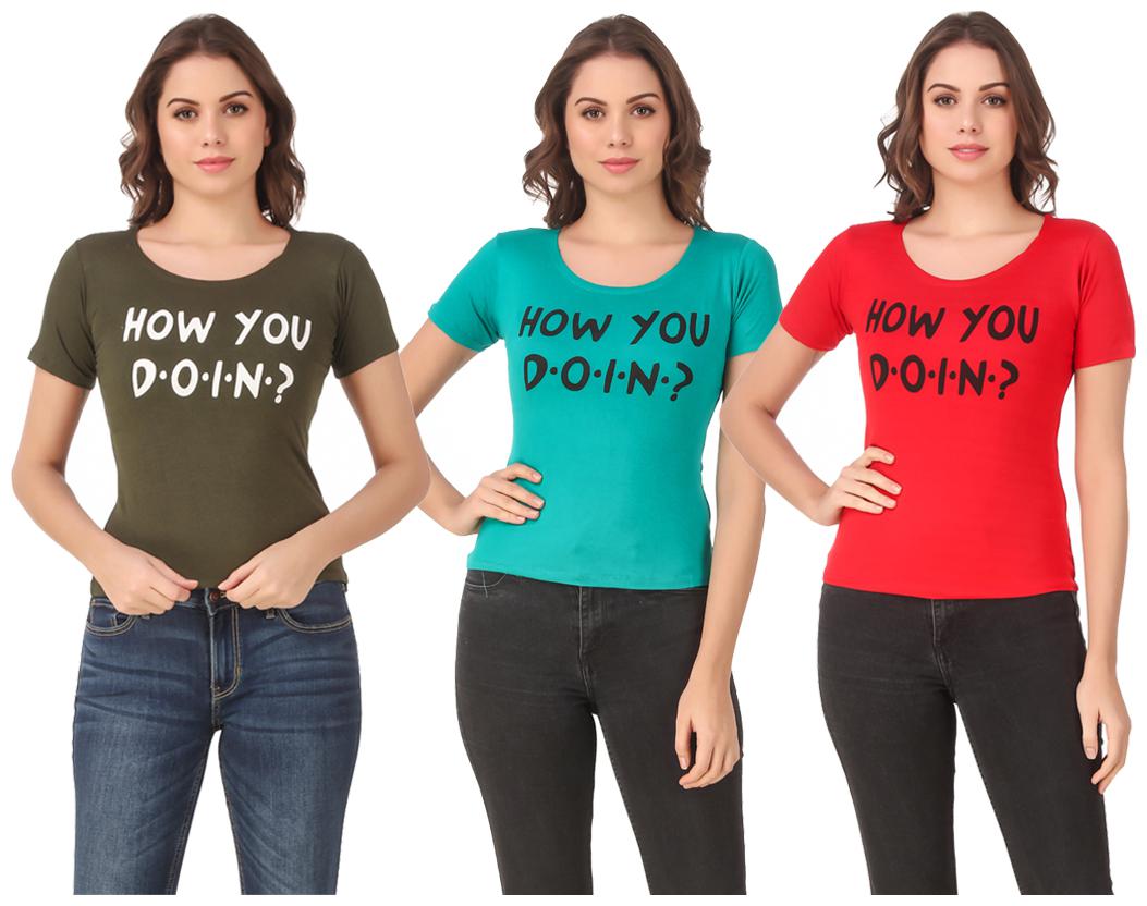 

Red Vee Lycra Printed Half Sleeves Multi Color T-Shirt for Women