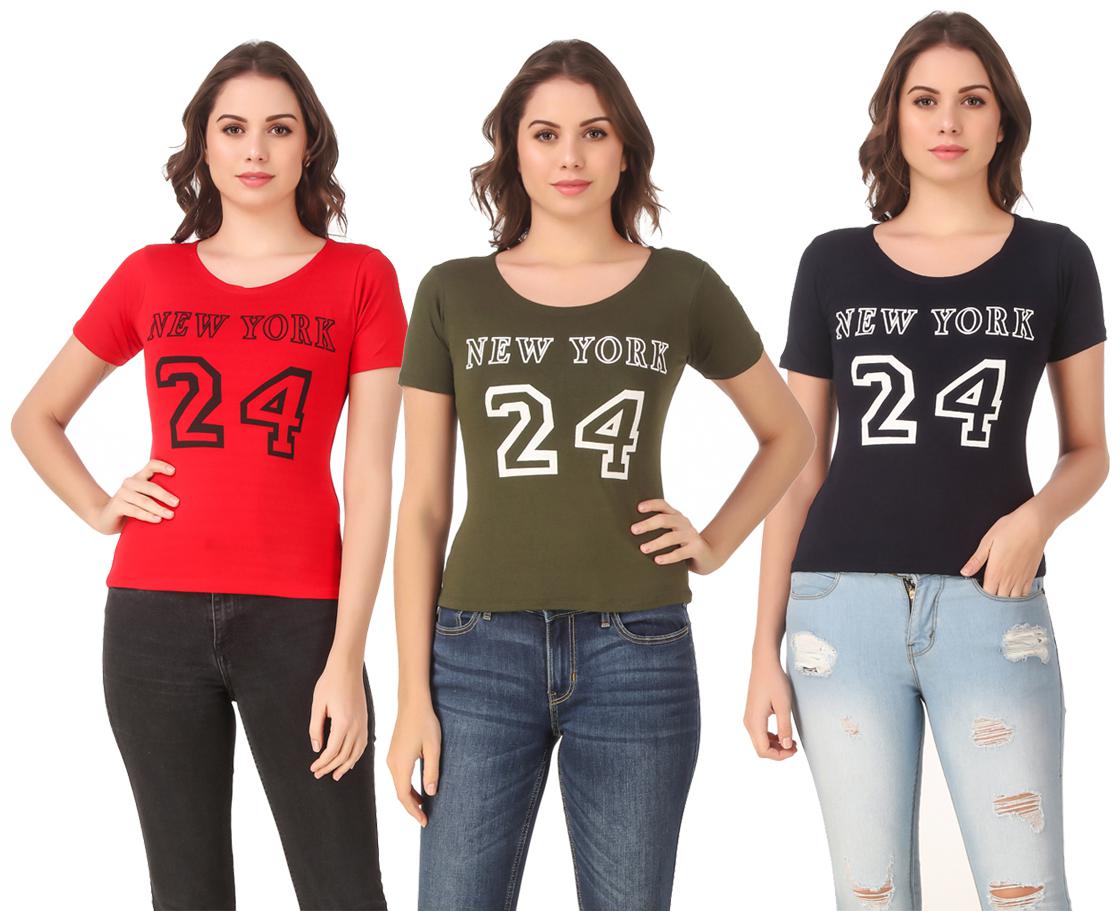 

Red Vee Lycra Printed Half Sleeves Multi Color T-Shirt for Women