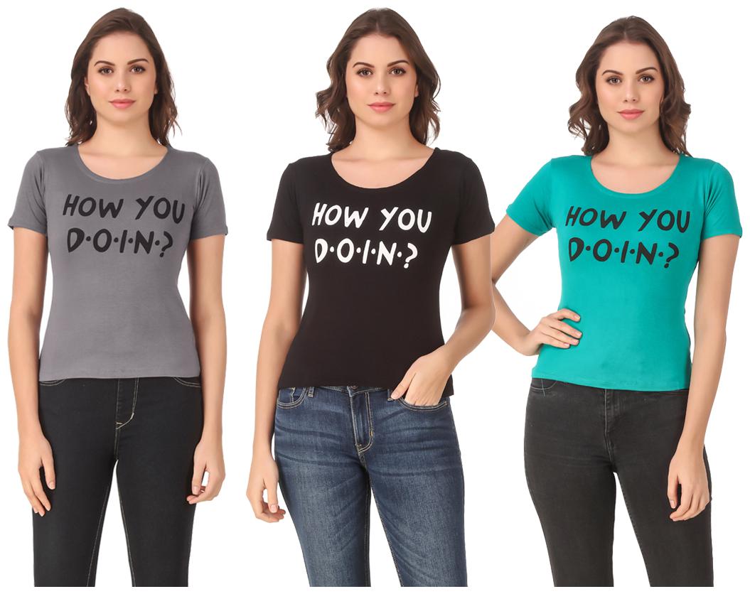 

Red Vee Lycra Printed Half Sleeves Multi Color T-Shirt for Women