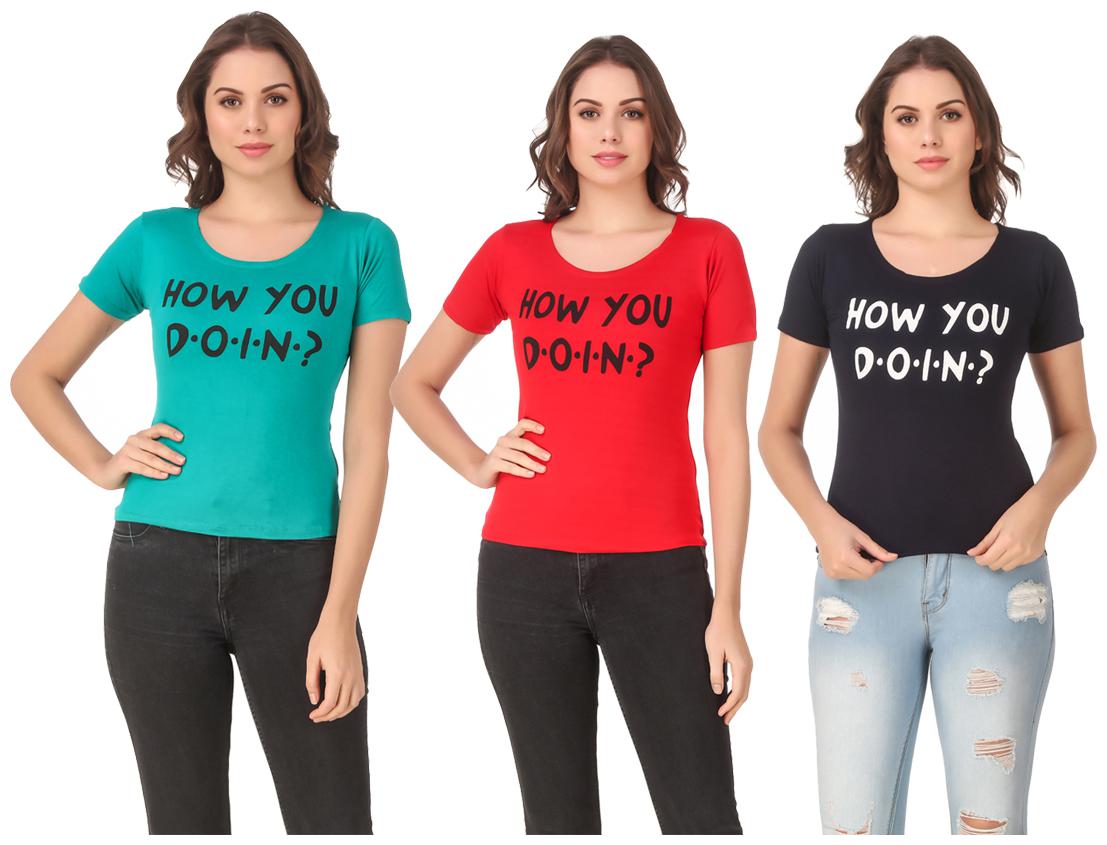 

Red Vee Lycra Printed Half Sleeves Multi Color T-Shirt for Women