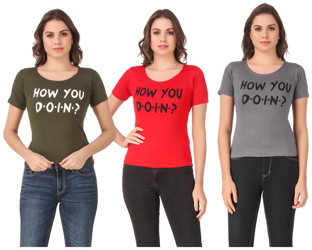 

Red Vee Lycra Printed Half Sleeves Multi Color T-Shirt for Women