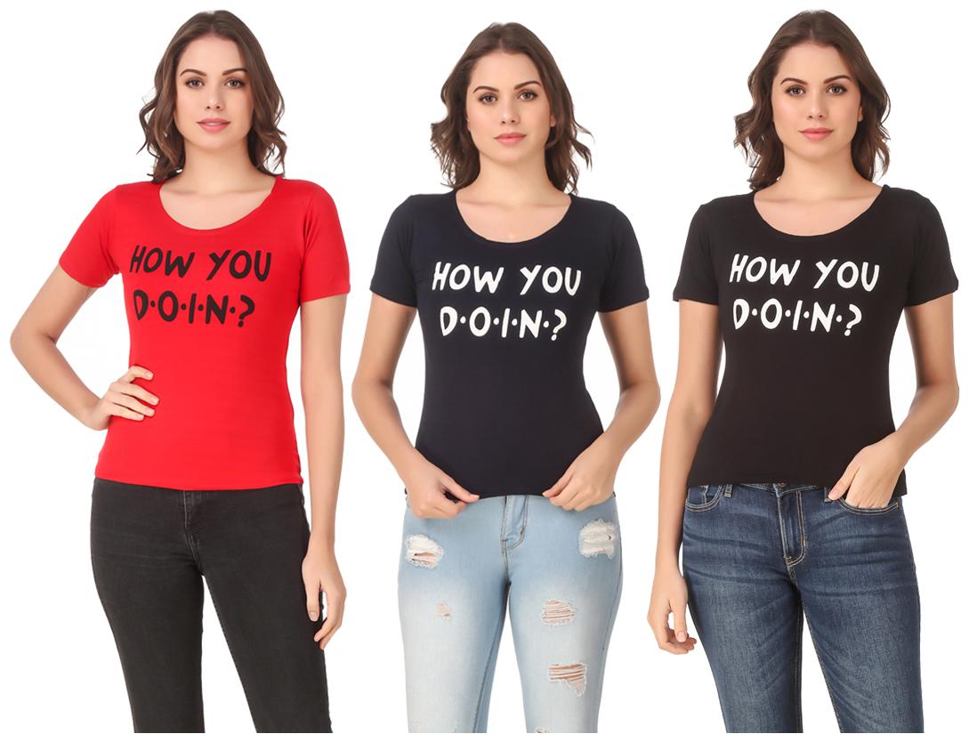 

Red Vee Lycra Printed Half Sleeves Multi Color T-Shirt for Women