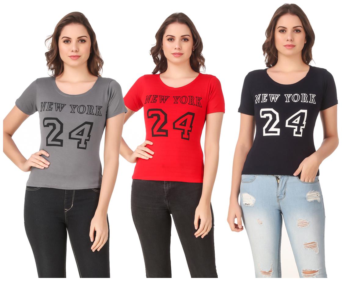 

Red Vee Lycra Printed Half Sleeves Multi Color T-Shirt for Women