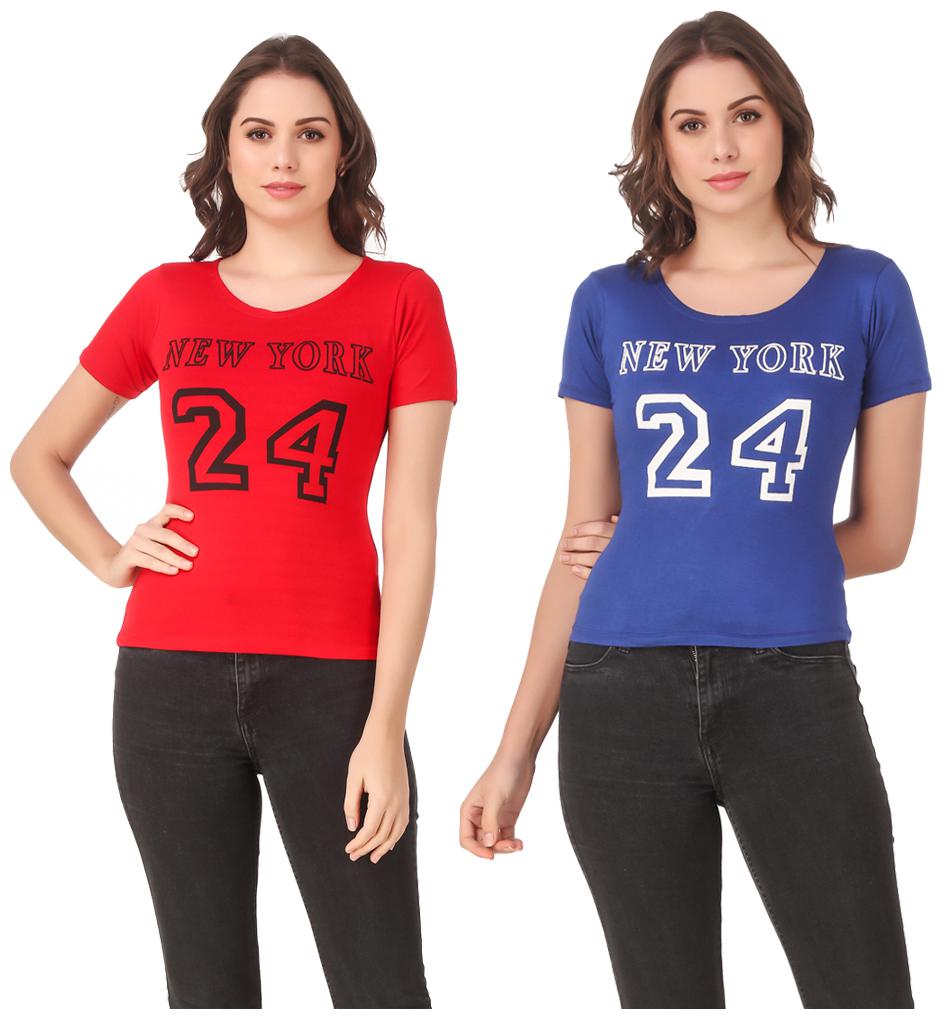 

Red Vee Lycra Printed Half Sleeves Red Blue Color T-Shirt for Women