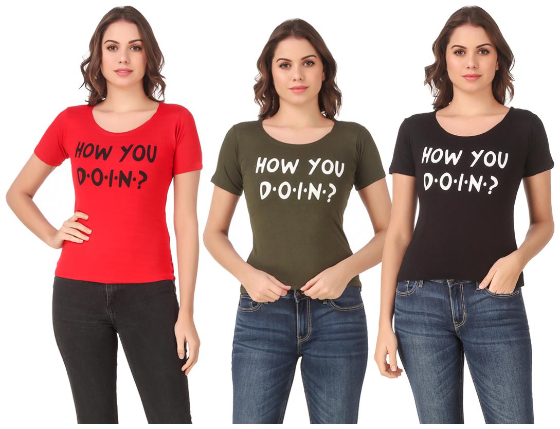 

Red Vee Lycra Printed Half Sleeves Multi Color T-Shirt for Women
