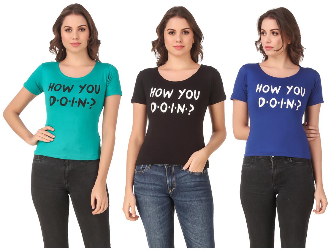 

Red Vee Lycra Printed Half Sleeves Multi Color T-Shirt for Women