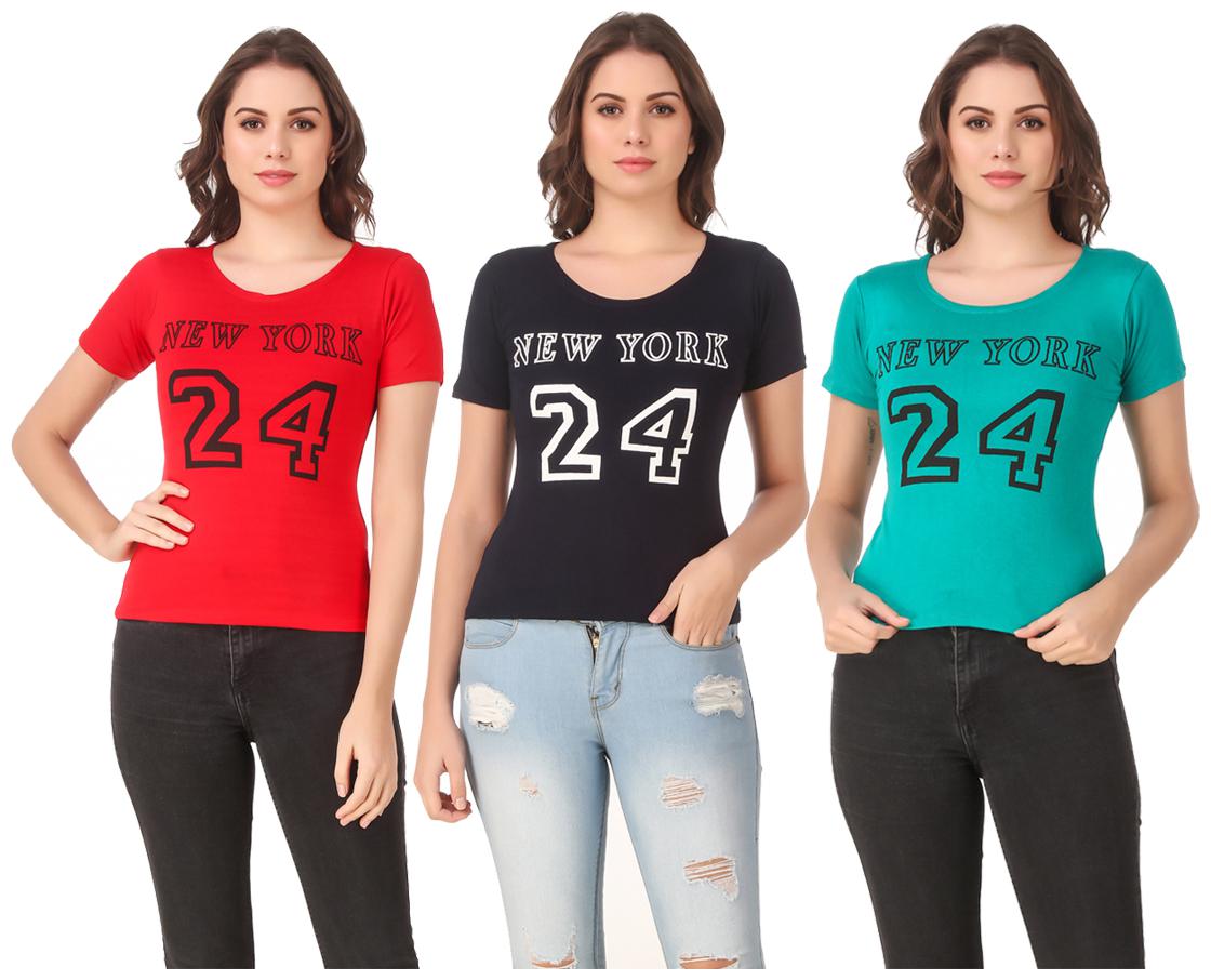 

Red Vee Lycra Printed Half Sleeves Multi Color T-Shirt for Women