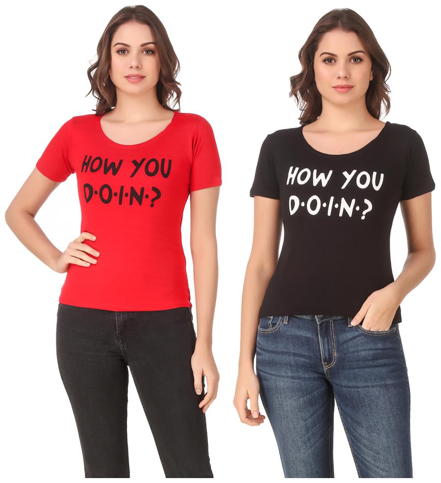 

Red Vee Lycra Printed Half Sleeves Red Black Color T-Shirt for Women