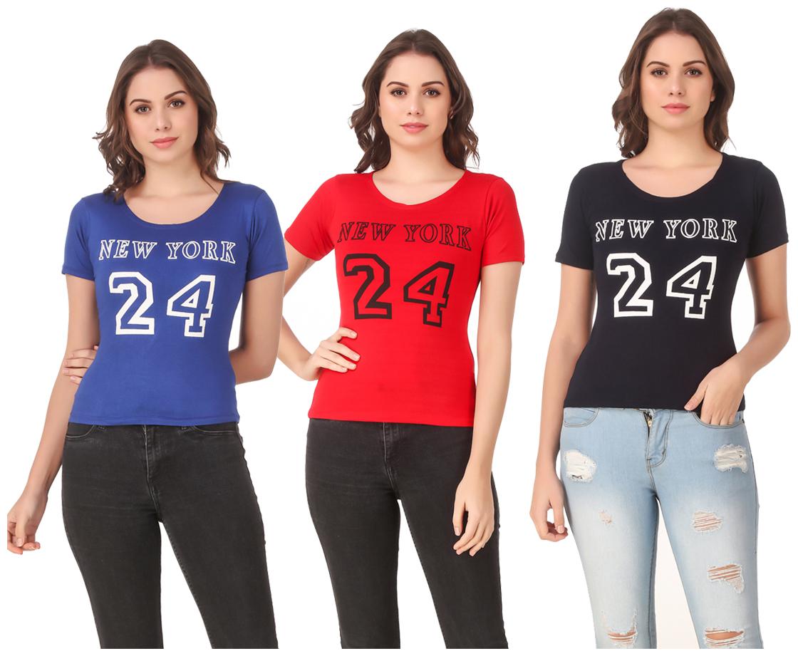 

Red Vee Lycra Printed Half Sleeves Multi Color T-Shirt for Women