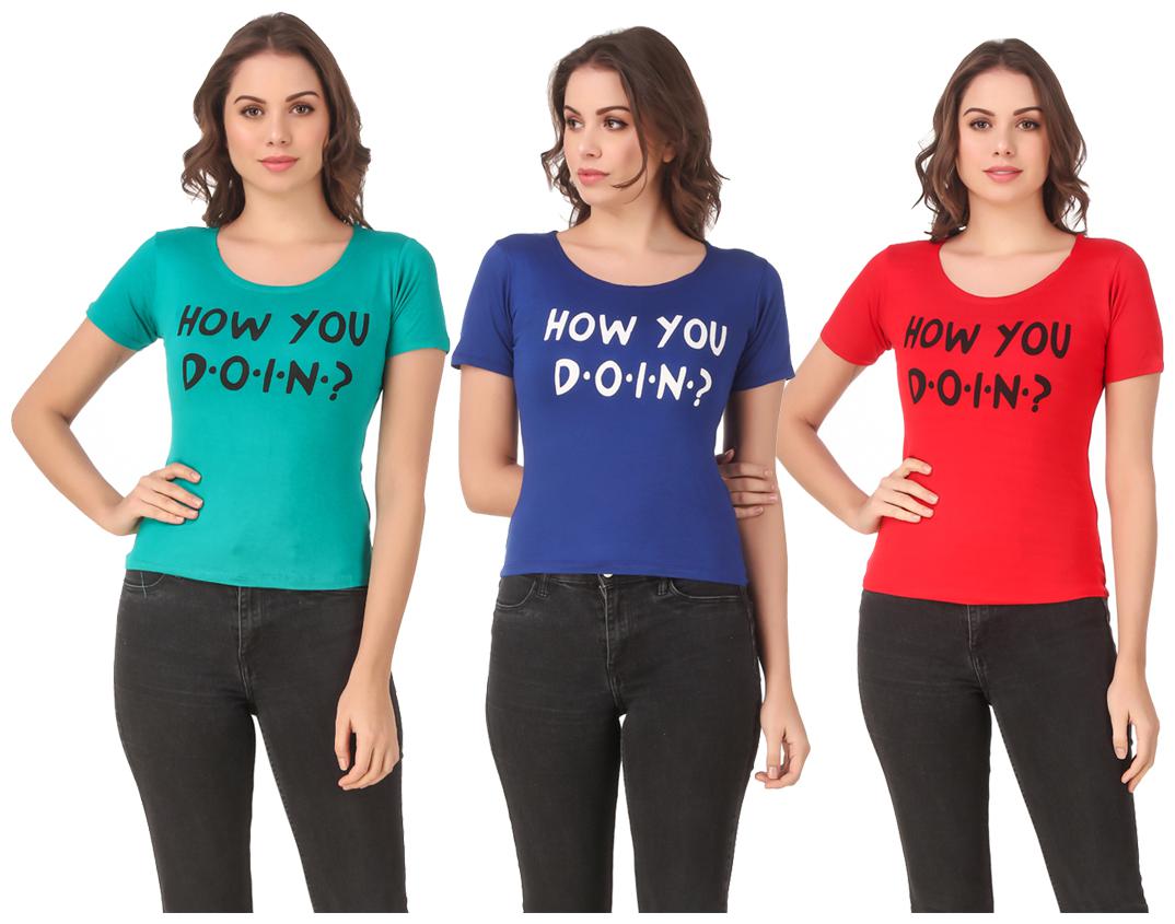 

Red Vee Lycra Printed Half Sleeves Multi Color T-Shirt for Women