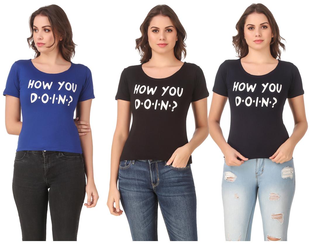 

Red Vee Lycra Printed Half Sleeves Multi Color T-Shirt for Women