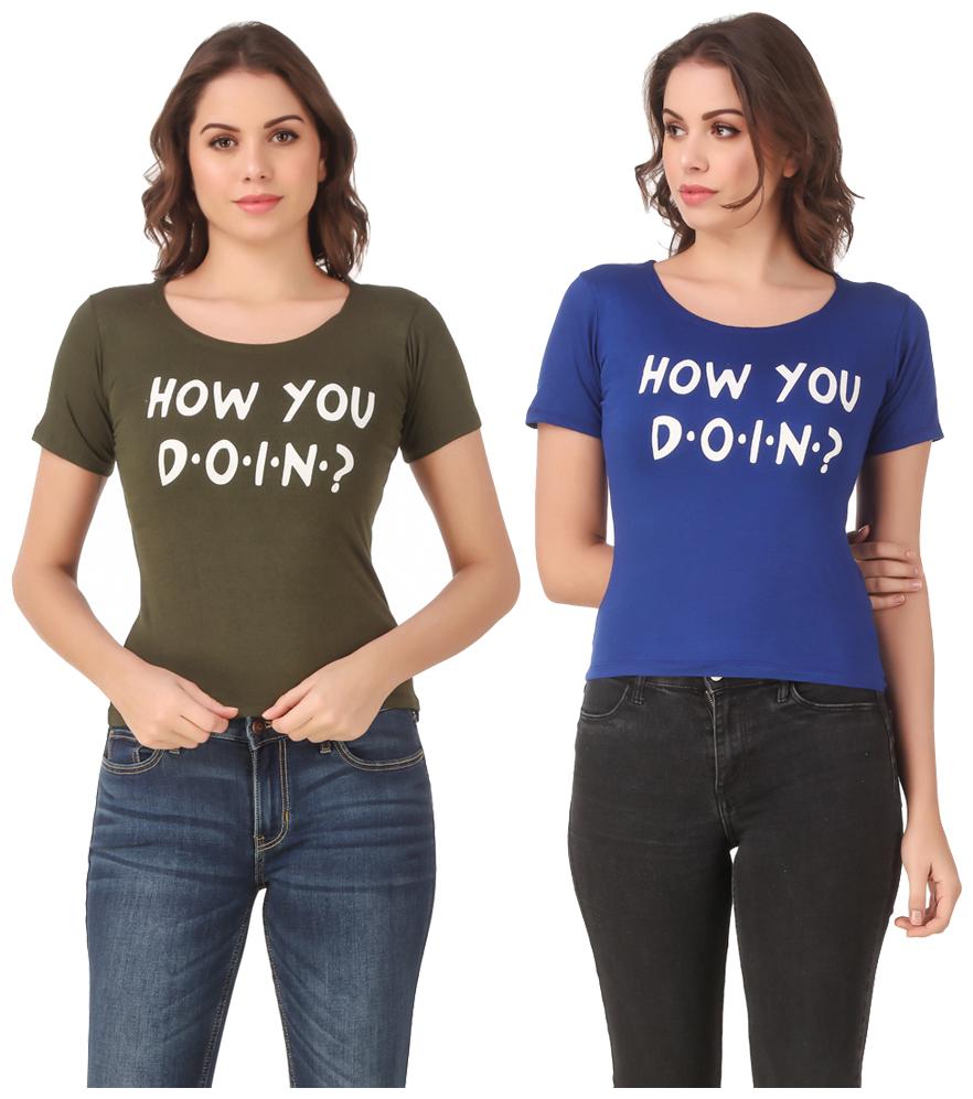 

Red Vee Lycra Printed Half Sleeves Green Blue Color T-Shirt for Women