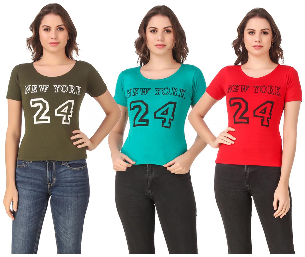 

Red Vee Lycra Printed Half Sleeves Multi Color T-Shirt for Women