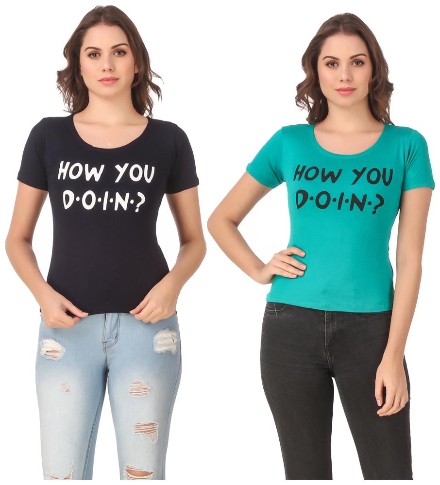

Red Vee Lycra Printed Half Sleeves Navy Turquoise Color T-Shirt for Women
