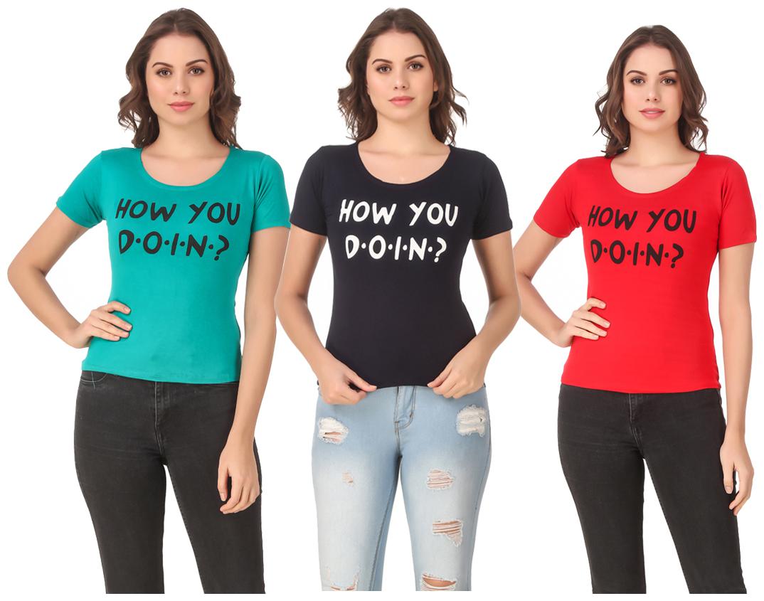

Red Vee Lycra Printed Half Sleeves Multi Color T-Shirt for Women