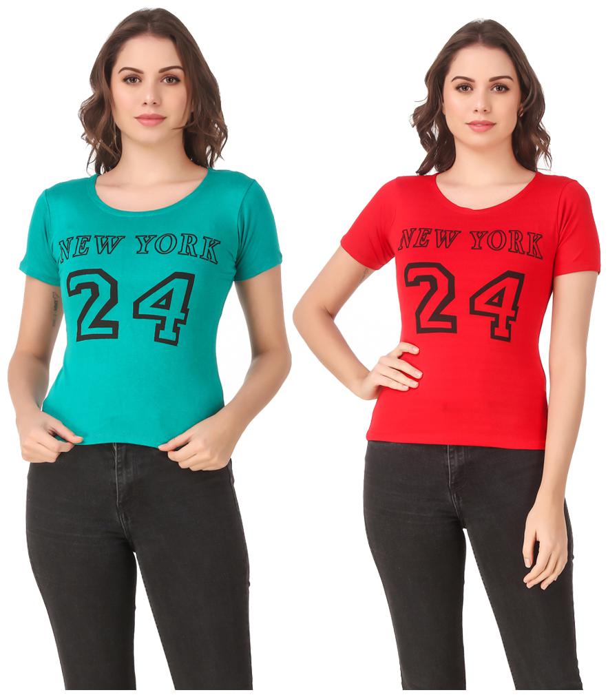 

Red Vee Lycra Printed Half Sleeves Turquoise Red Color T-Shirt for Women