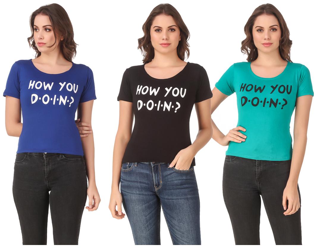 

Red Vee Lycra Printed Half Sleeves Multi Color T-Shirt for Women