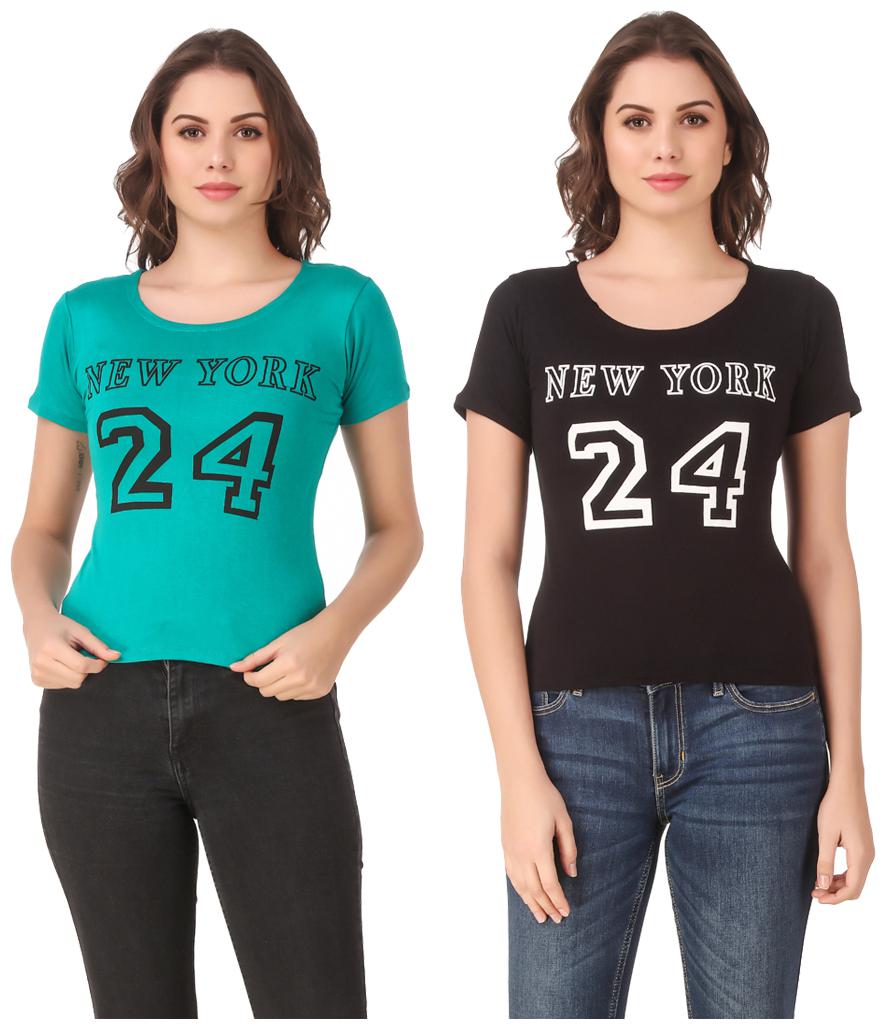 

Red Vee Lycra Printed Half Sleeves Turquoise Black Color T-Shirt for Women