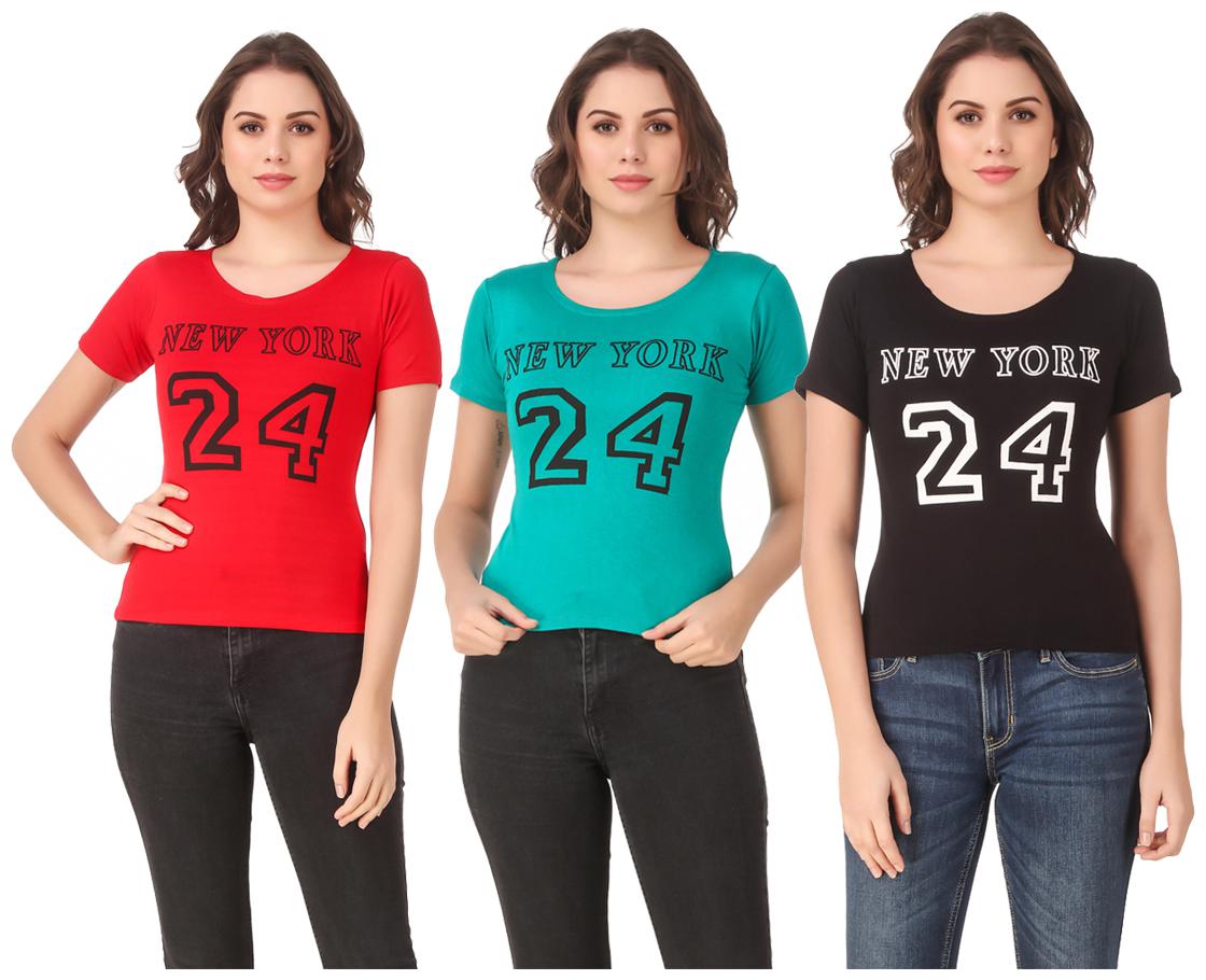 

Red Vee Lycra Printed Half Sleeves Multi Color T-Shirt for Women