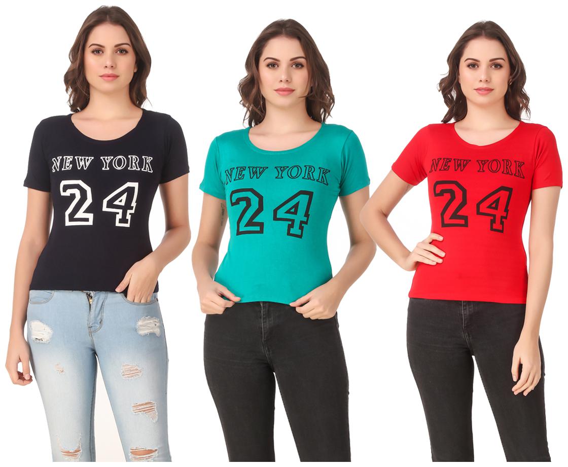 

Red Vee Lycra Printed Half Sleeves Multi Color T-Shirt for Women