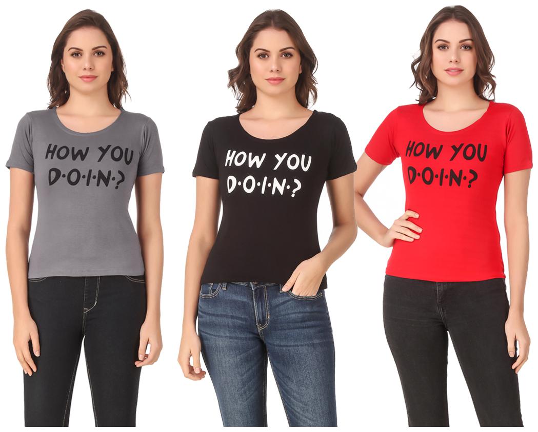 

Red Vee Lycra Printed Half Sleeves Multi Color T-Shirt for Women
