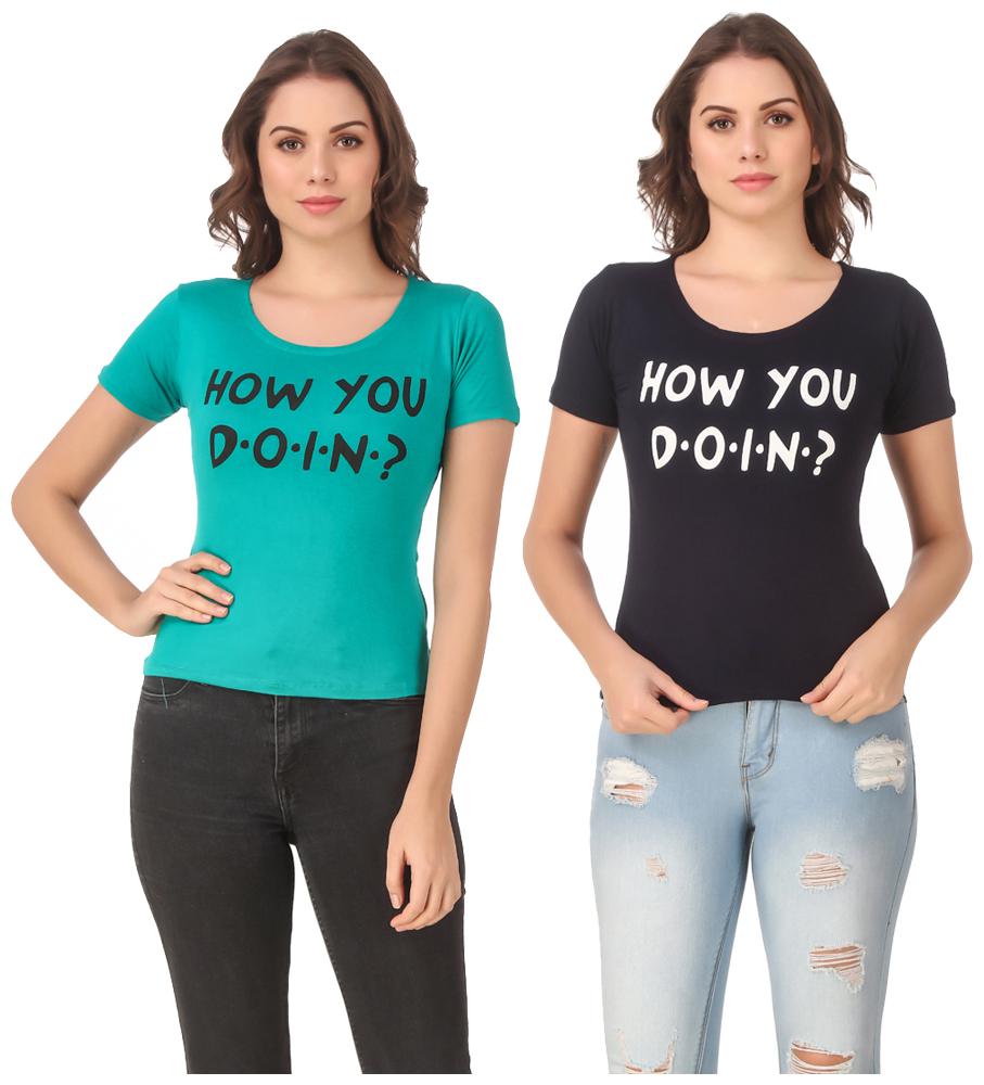 

Red Vee Lycra Printed Half Sleeves Turquoise Navy Color T-Shirt for Women