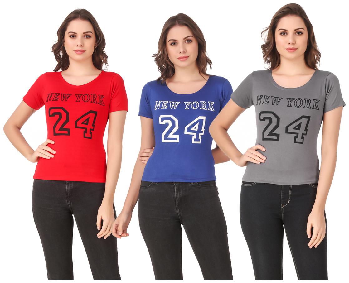 

Red Vee Lycra Printed Half Sleeves Multi Color T-Shirt for Women