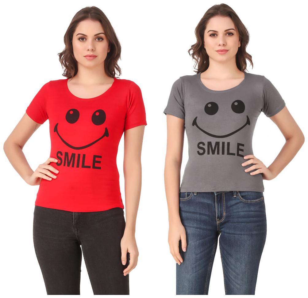 

Red Vee Lycra Printed Half Sleeves Red Grey Color T-Shirt for Women