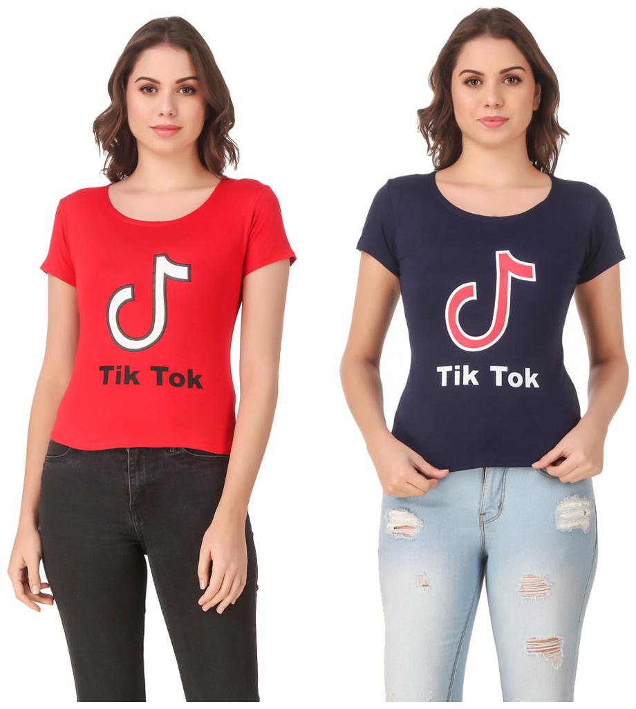

Red Vee Lycra Printed Half Sleeves Red Navy Color T-Shirt for Women