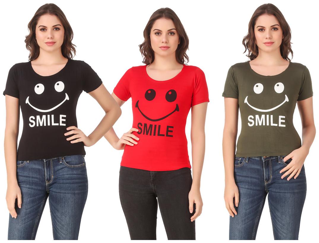 

Red Vee Lycra Printed Half Sleeves Multi Color T-Shirt for Women